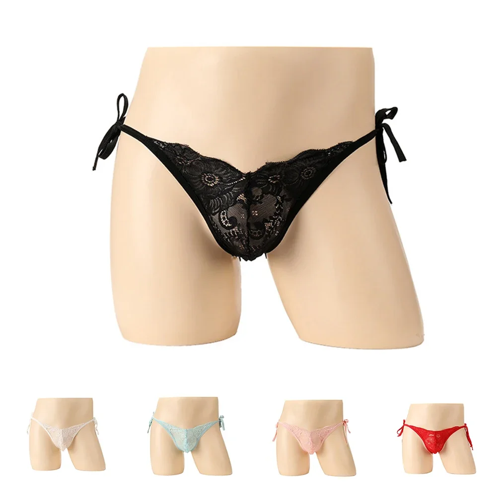 Men Sissy Lace Briefs Sexy Open Crotch See-through Underwear Ultra-thin Mesh Underpants Low Rise Pouch G-string Erotic Panties