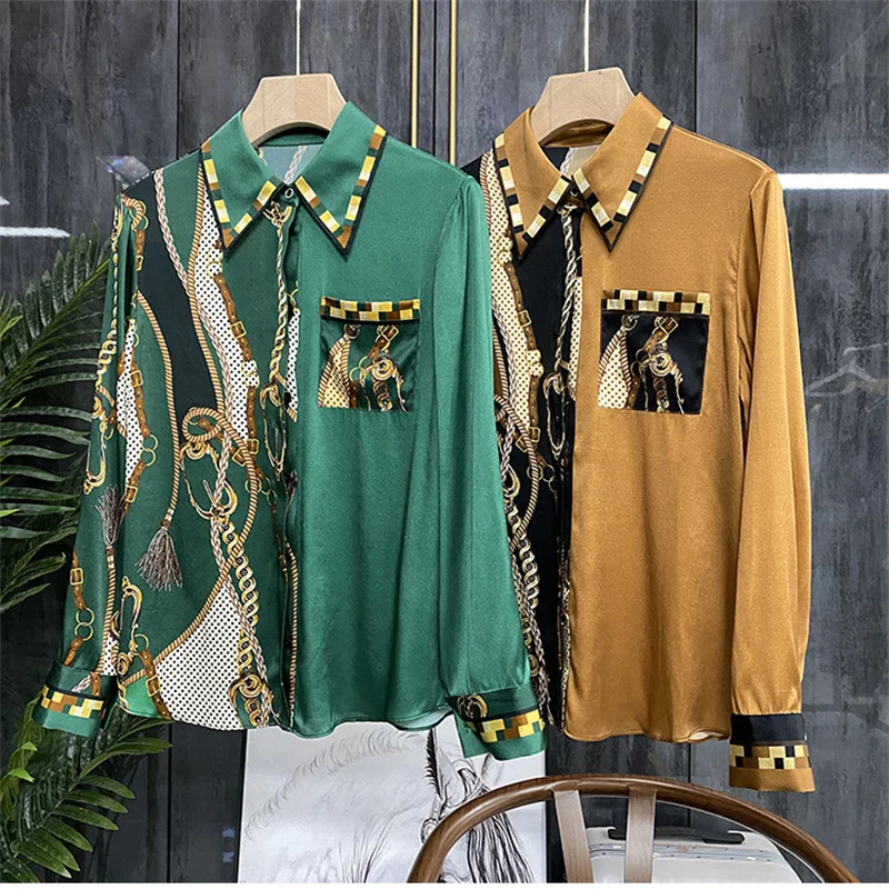 FANIECES Vintage Baroque Print Luxury Women Shirts Spring Long Sleeve Lapel Satin Shirt Elegant Blouses chemise femme de luxe