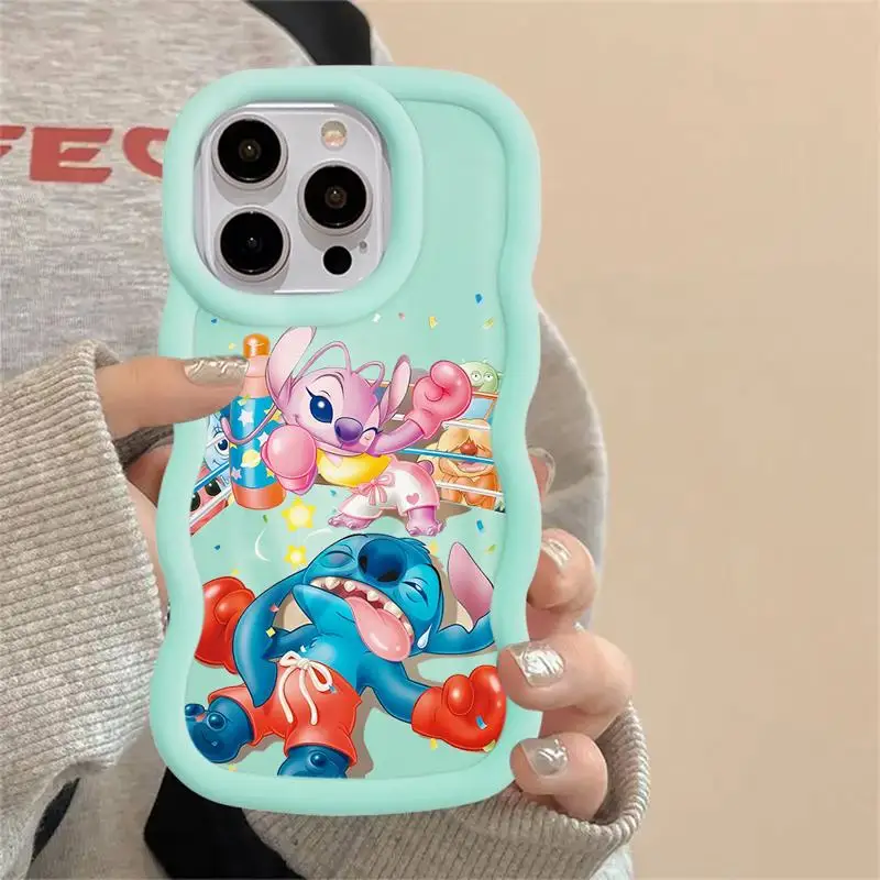 Luxury Macaron Waves Phone Case for iPhone 15 14 13 12 11 pro Max XS XR X 7 8 plus Disney Love Stitch Angel Funny Candy Cover