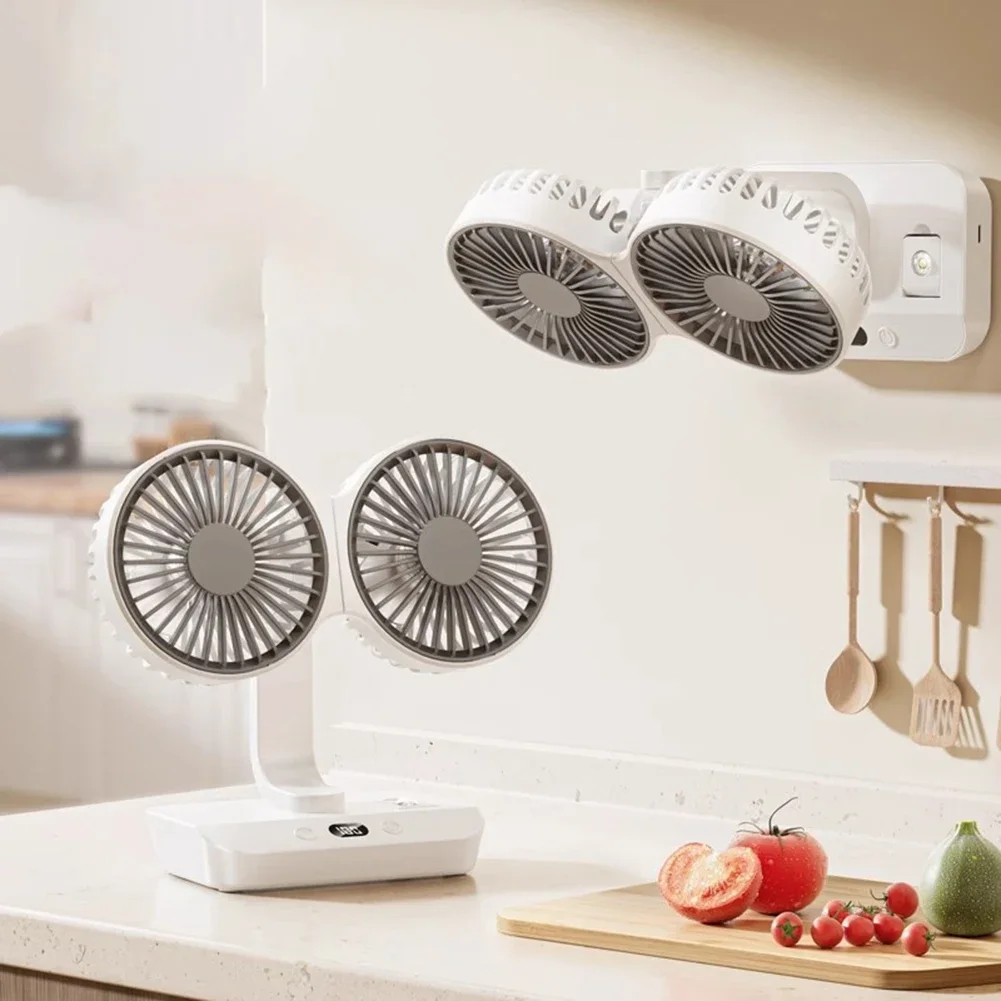 Studie dubbele kopventilator Desktopventilator Pas de hoek naar believen aan Twee ventilatorkoppen Batterij Batterijcapaciteit Ingebouwde Mah-lithiumbatterij