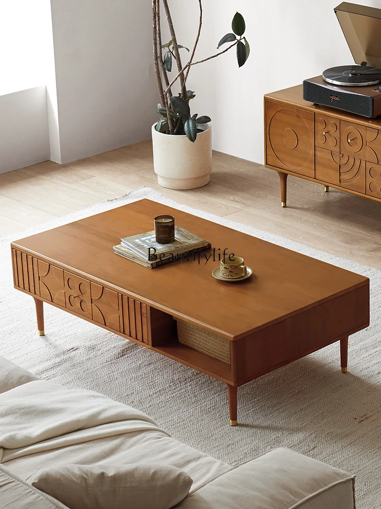 

Nordic Ancient Style Coffee Table Small Apartment Living Room Square Storage Boxwood Tea Table
