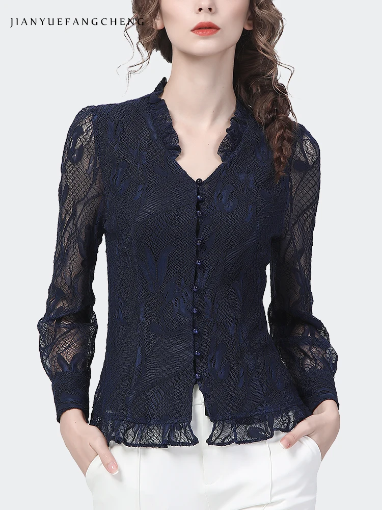 Lace Top Women 2024 Spring New Long Sleeve V-Neck Hollow Out Button-down Shirt Slim Cinched Waist Female Casual Office Blouses