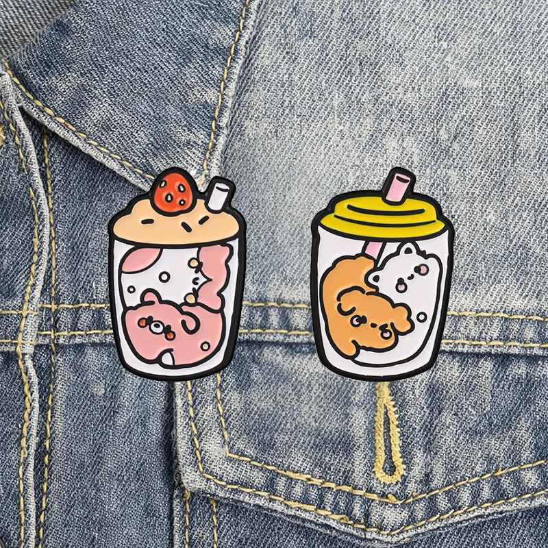 Niedliche Bubble-Tea-Tier-Emaille-Anstecker, Kawaii-Cartoon-Getränkebecher-Pins, wilde Haustier-Charakter-Broschen, Reversnadel-Set, Geschenk für Freunde – Detail 2