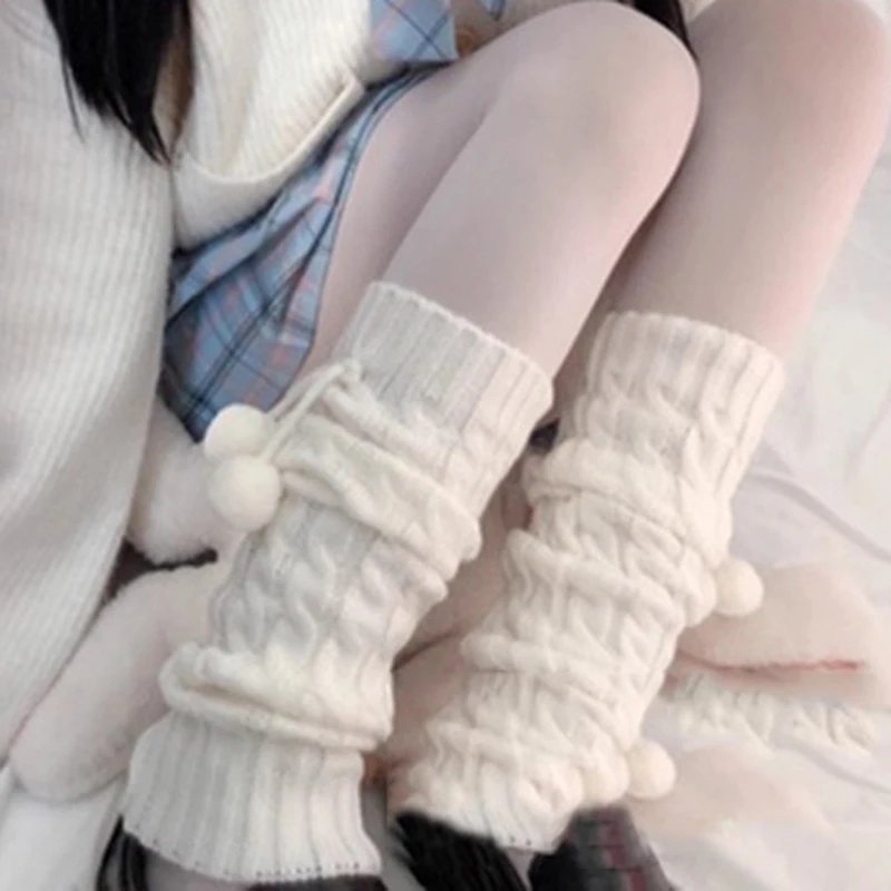 Calentador de piernas blanco con pompón, medias largas de invierno para mujer, calcetín de punto alto hasta el muslo de Lolita, bonito calentador de piernas japonés para Cosplay