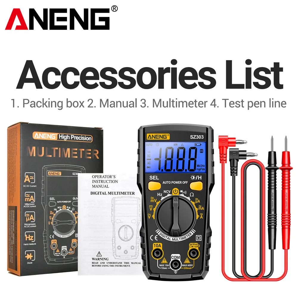 

Цифровой мультиметр ANENG SZ303 профессиональный, интеллектуальный, для измерения переменного и постоянного напряжения и тока, высокоточный, с функцией сохранения данных