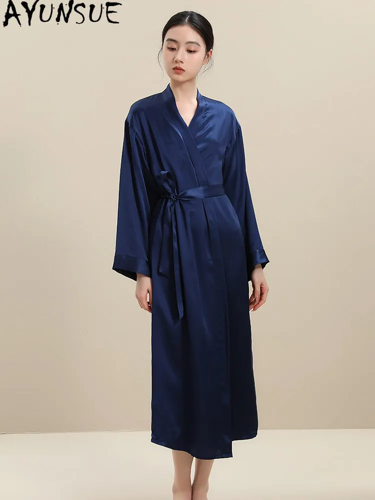 AYUNSUE 19MM 100% Natural Mulberry Silk Robe Women Elegant Spring Summer Womens Home Clothes Lace-up Robes for Woman Long 125cm