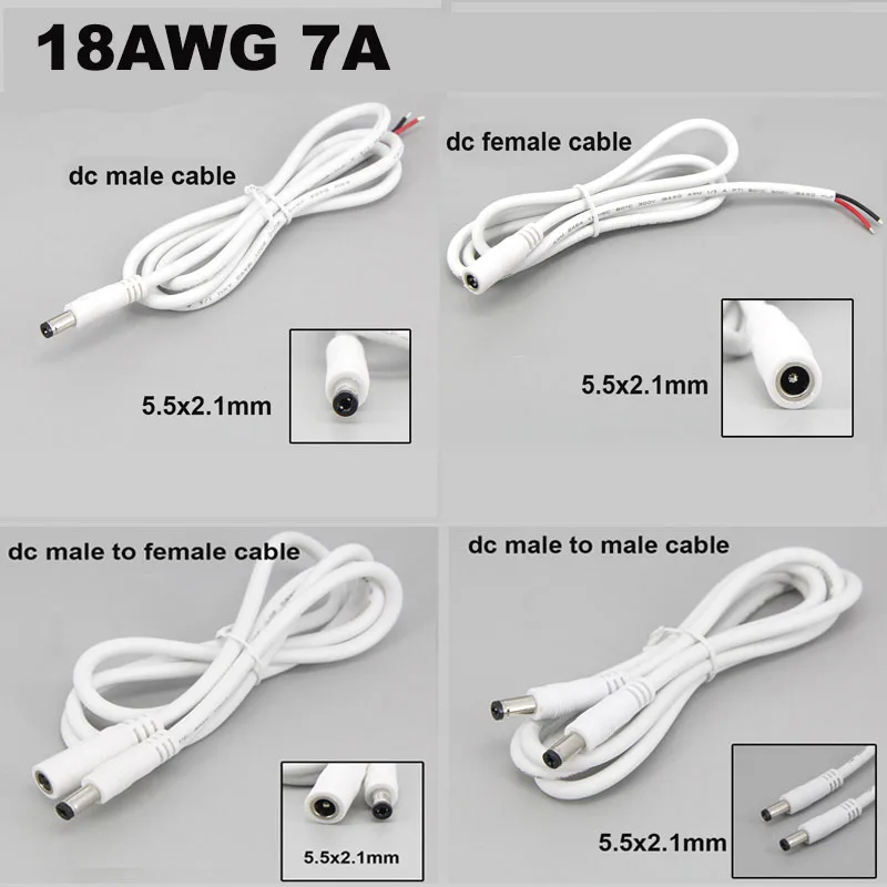 white 1m 2 pin wire DC Male Female Power Supply Connector extension cord Cable pigtail 18awg 7A 5.5x2.1mm Copper For cctv camera