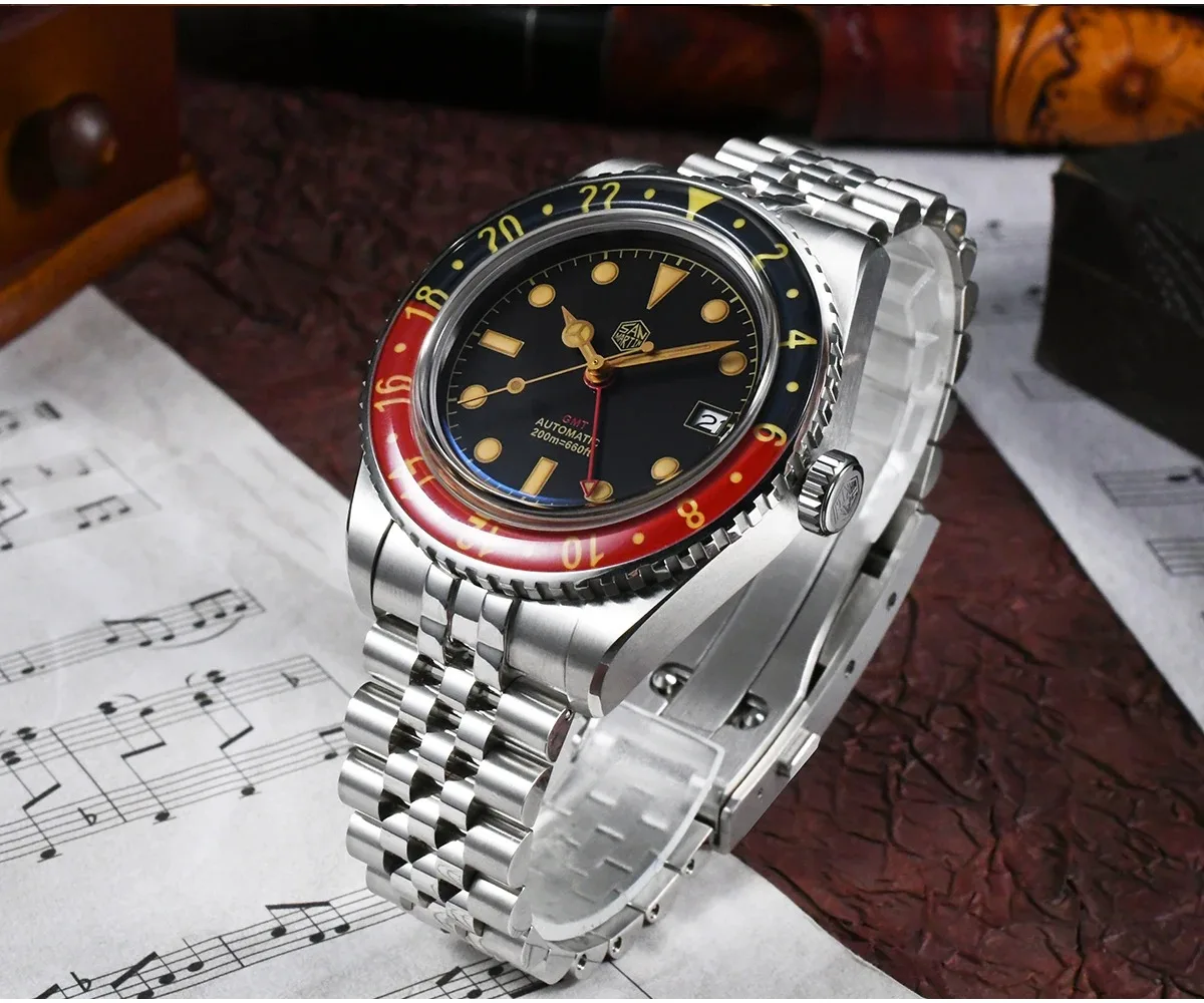 San Martin Men GMT Watch 40mm Automatic Mechanical Wristwatch 20Bar Waterproof BGW-9 Luminous Sapphire Bidirectional Bezel NH34