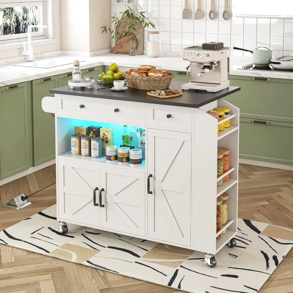 Kitchen Island with Drop Leaf, Rolling kitchen island with power outlet and Led Light, Kitchen Island with Storage Cabinet, Spic