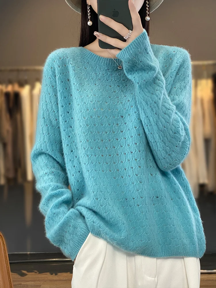 2024 Spring New Women' s O-neck Pullover Sweater Hollow Out Grace Basic Jumper 100% Merino Wool Knitwear Female Clothing Tops