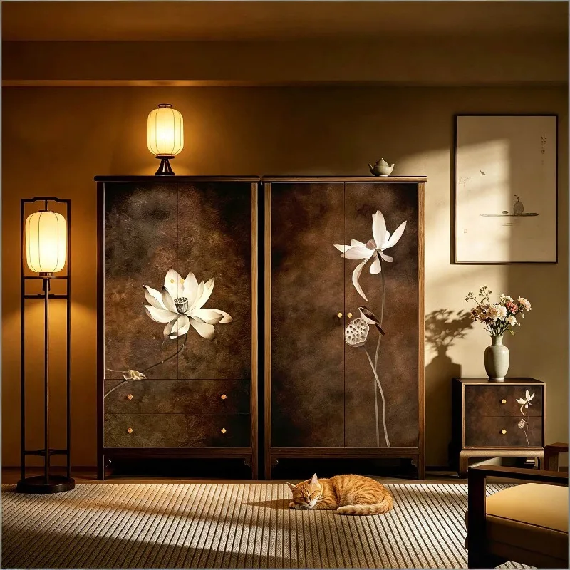 For solid wood hollow wardrobe living room entrance retro lotus picture storage home locker