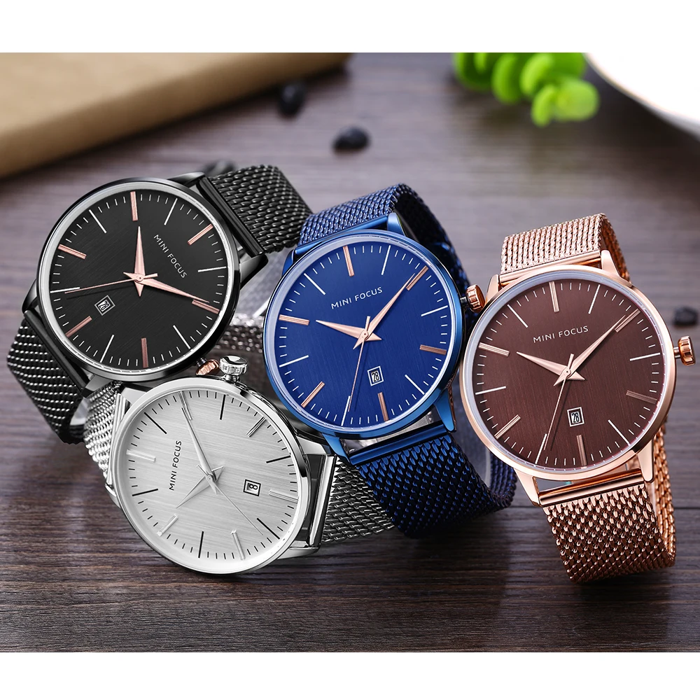 MINI FOCUS Minimalist Business Quartz Watch for Men Fashion Calendar Window Luxury Watches Mesh Stainless Steel Strap Clock 0115