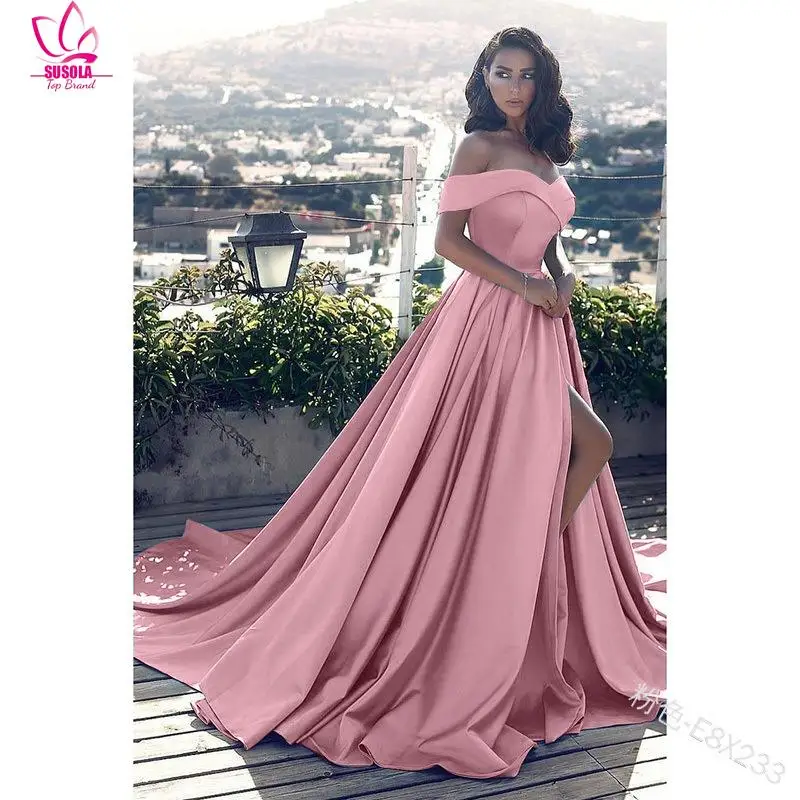 Trend Elegant Boat Neck Evening Dresses for Women Party Classy Night Lady Sexy Off The Shoulder Slit Ball Gown Prom Vestidos