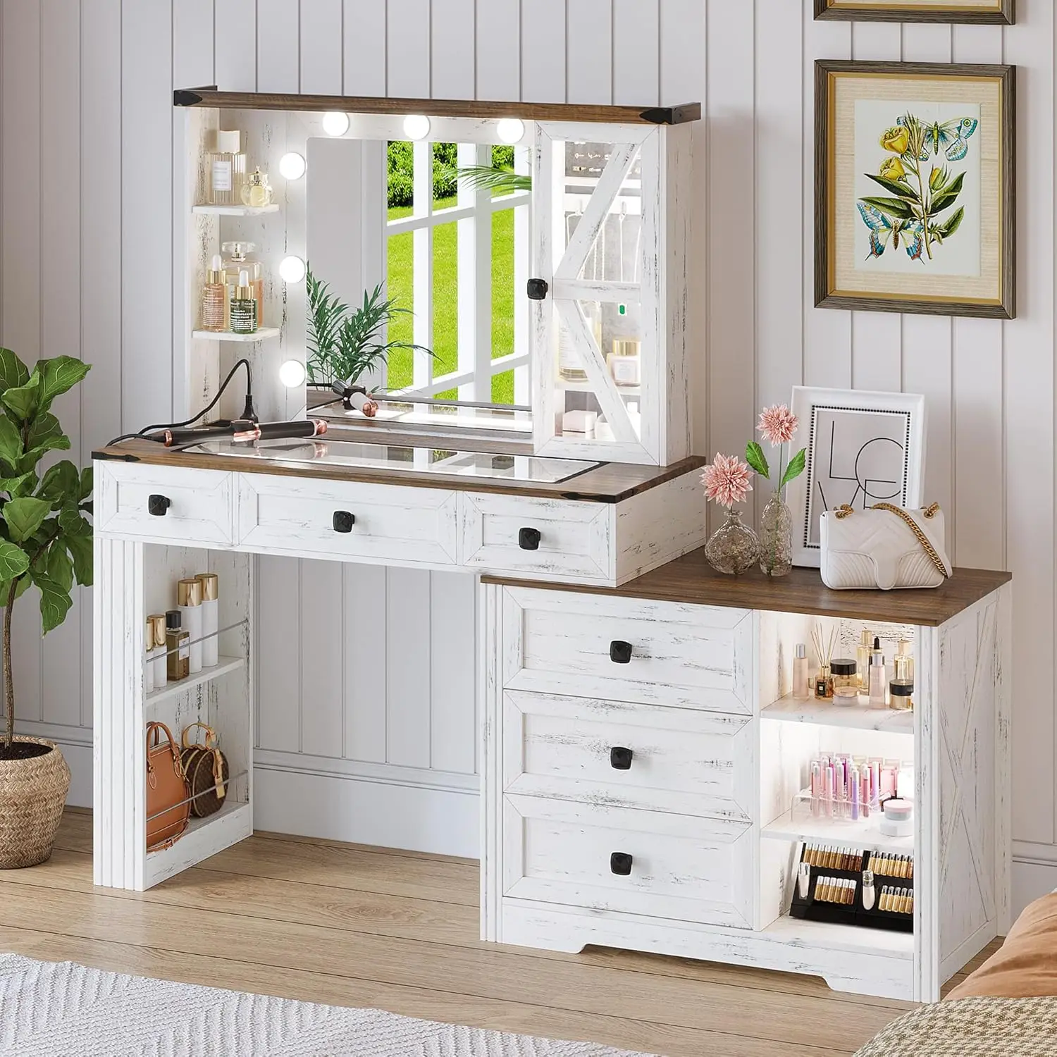 Farmhouse Vanity Desk Set with Mirror and Lights, Makeup Vanity Table with 6 Drawers/Large Storage, White Dressing Table 3 Color