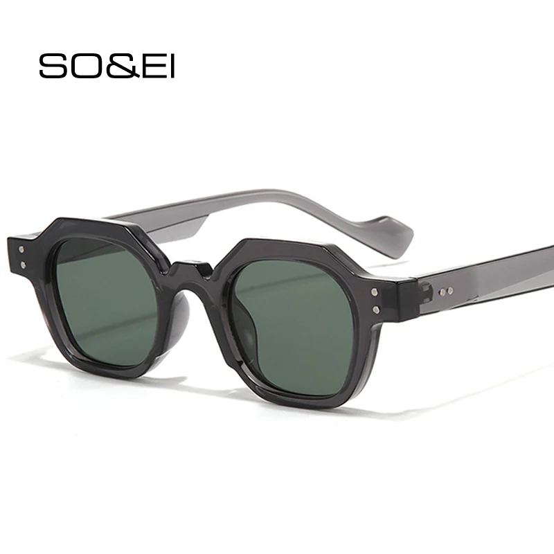 SO&EI Retro Polygon Small Square Sunglasses Women Shades UV400 Fashion Punk Rivets Decoration Men Clear Lens Frame