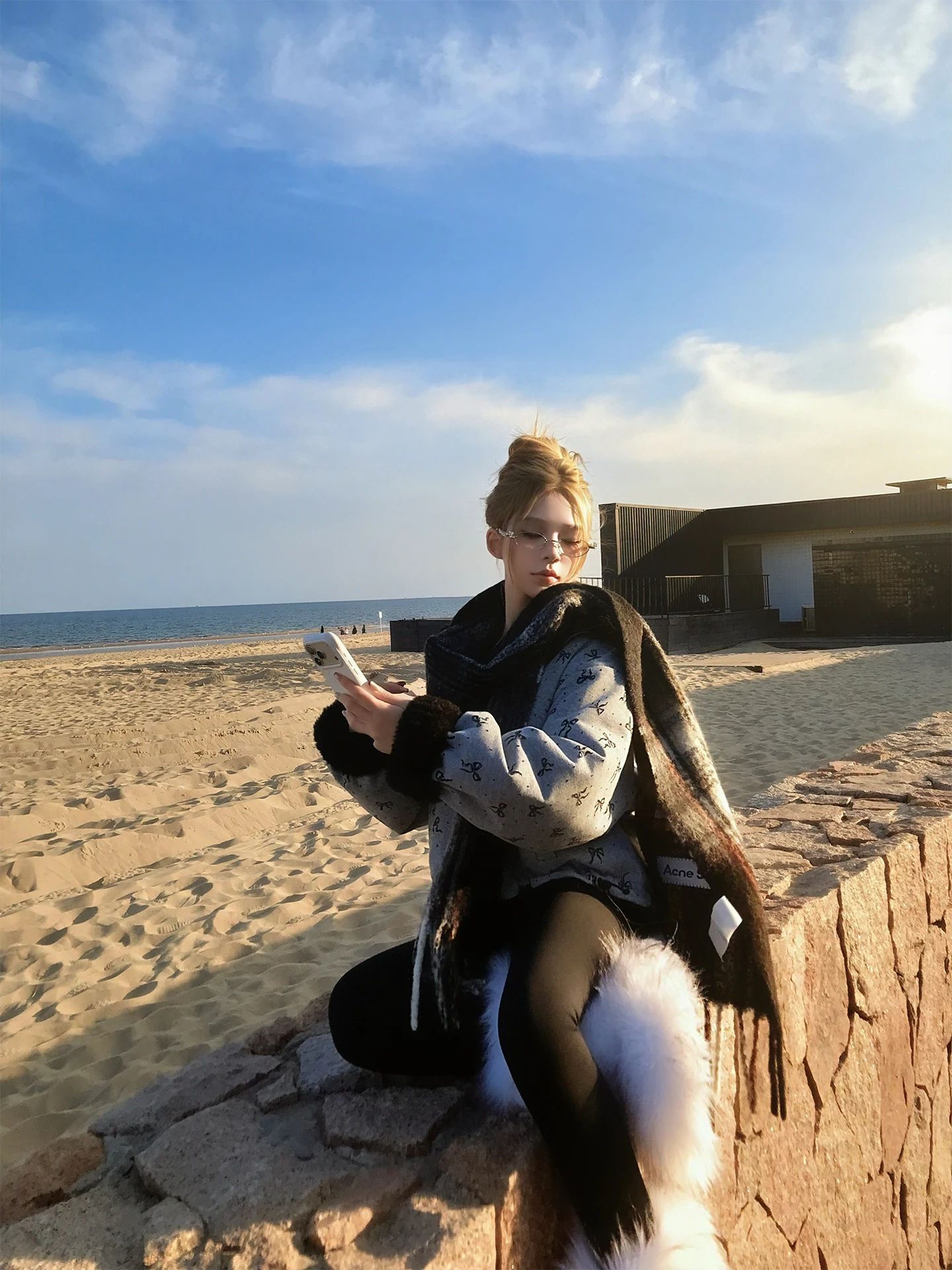 

Ce Rose Premium ort Woolen Coat Women's Winter Thi Warm Double-Sided Wear Street Sle Stand Fit Printed Knot