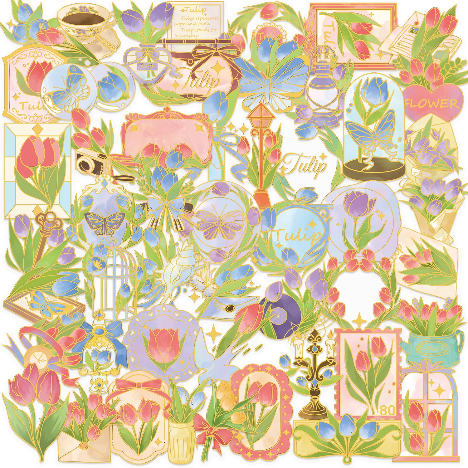 50/100PCS Tulip Transparent PET Plant Elegant Floral Sticker