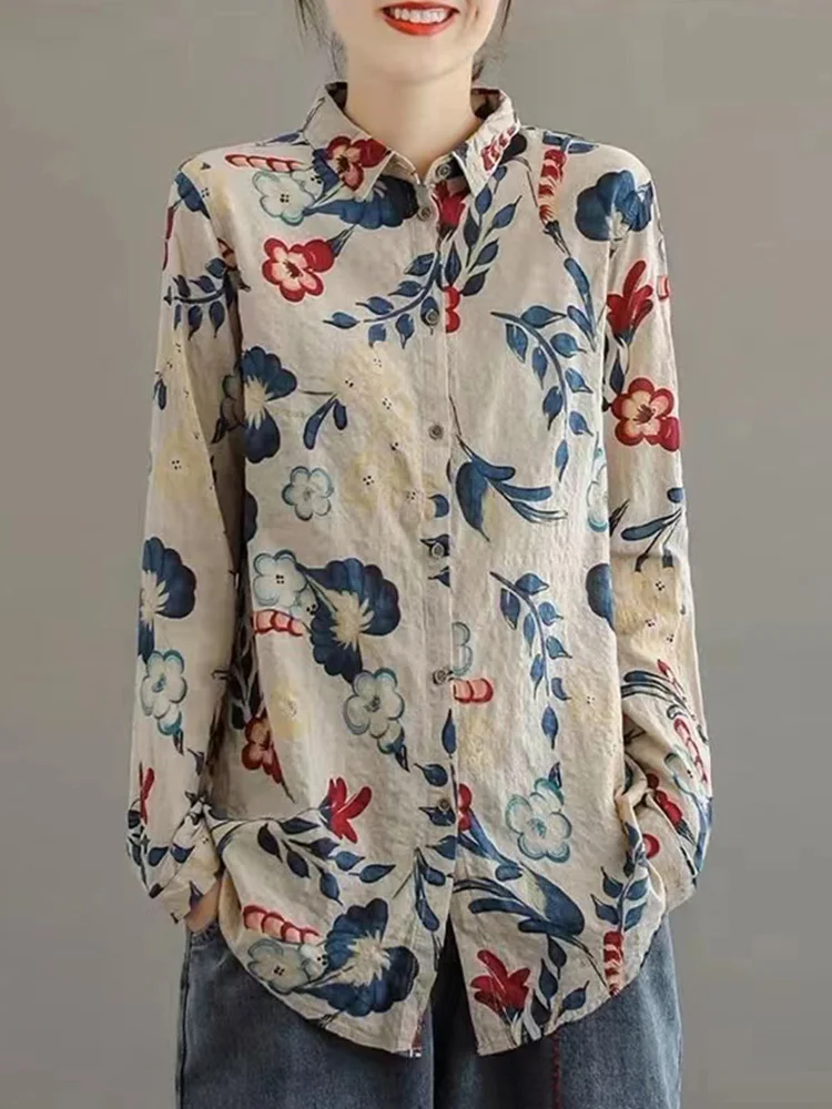 Retro stampa floreale lino lungo Sve irt sciolto casual cotone lino donna Faion coreano giapponese Sle button up irt
