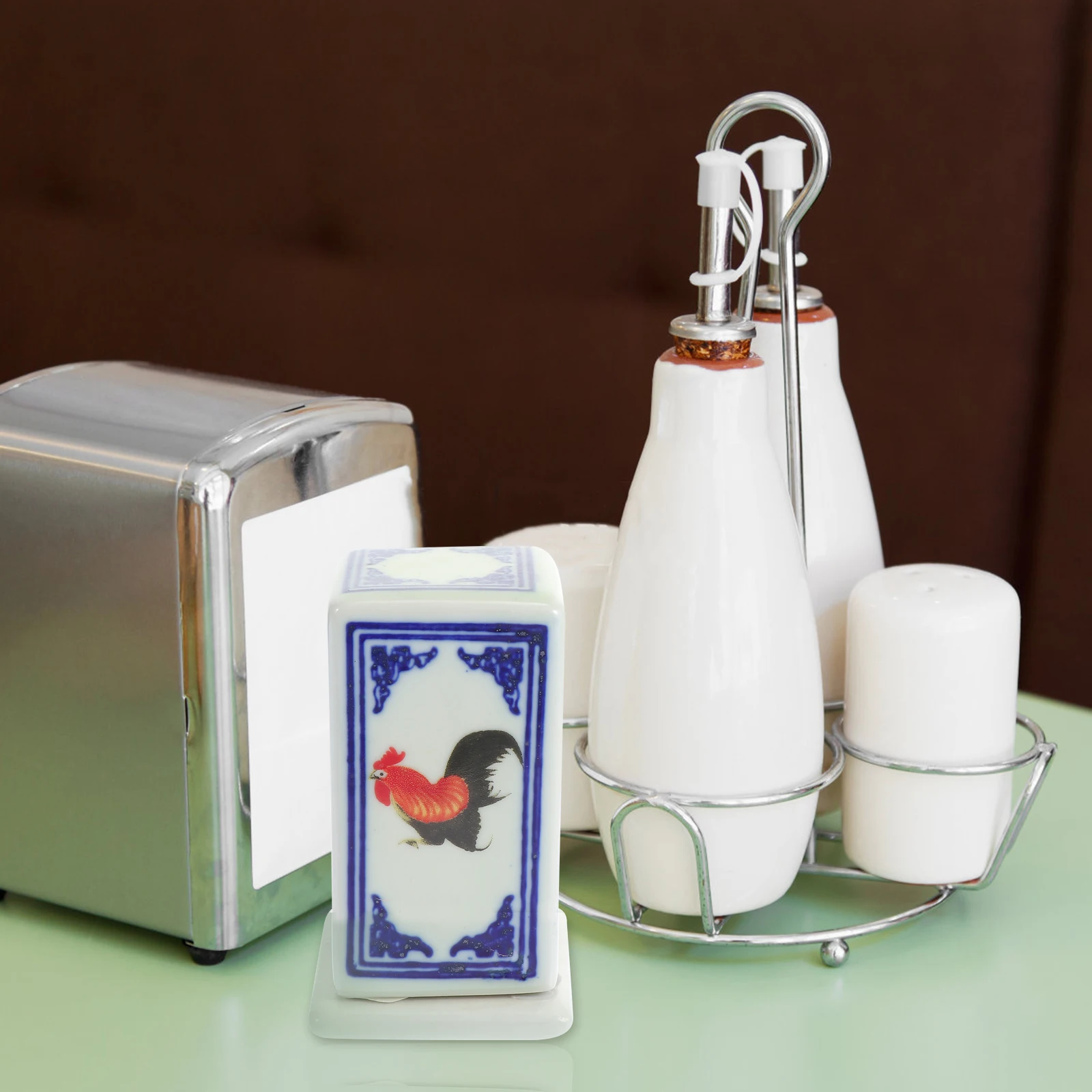 

1Pcs Blue Ceramic Toothpick Dispenser with Rooster Design Compact Toothpick Container Large Capacity Household Organizer Jar