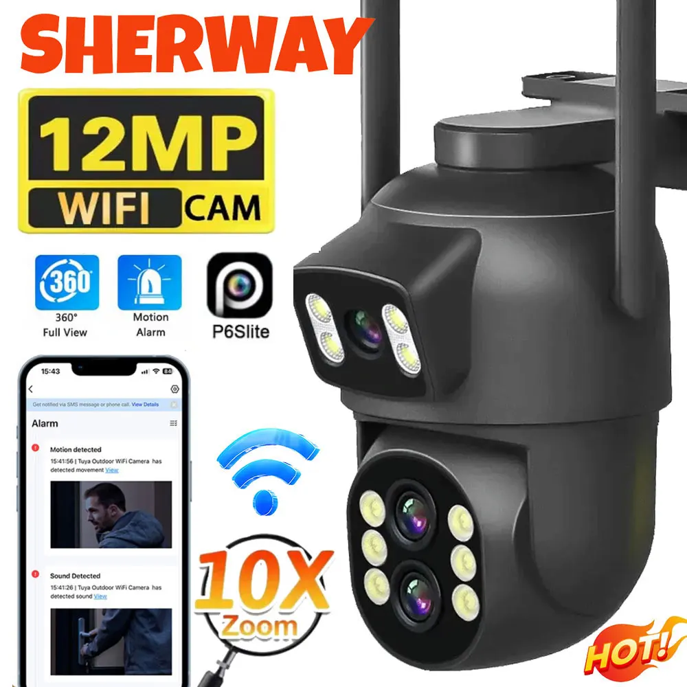 12MP Dual Lens WiFi Camera Outdoor 10x Zoom 4K Dual Screen PTZ Camera PIR Auto Tracking Security-protection Video Surveillance