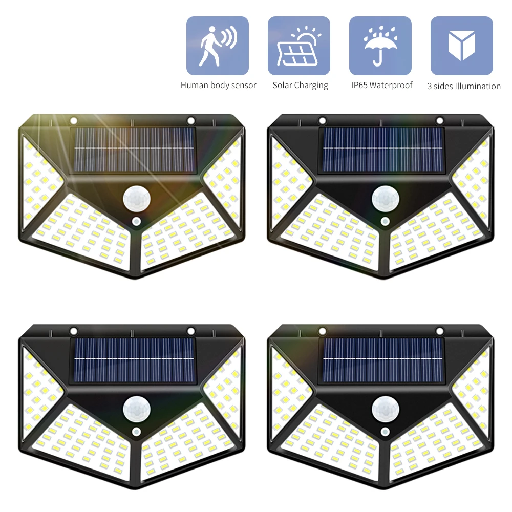 100 LED Solar Wall Lights Outdoor Solar Lamp PIR Motion Sensor Solar Powered Sunlight Street Garden Light 270 Degree Wide Angle