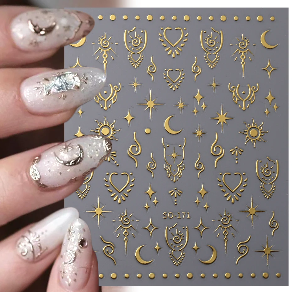 Star Moon Nail Stickers Holographic Boho Style Manicure Tips Gold Silver Love Heart Sun Mythology Totem 3D Nail Decoration BESO