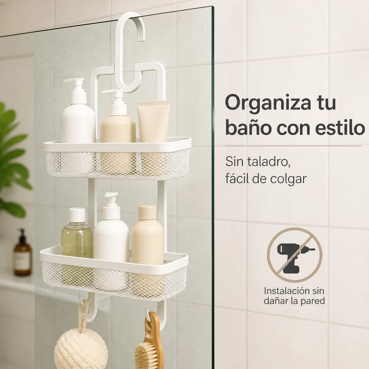 Étagère de douche suspendue en fer blanc, organisateur de salle de bain à 2 niveaux sans perçage, panier en maille avec crochets pour porte et paroi de douche, rangement robuste 25x12x61cm