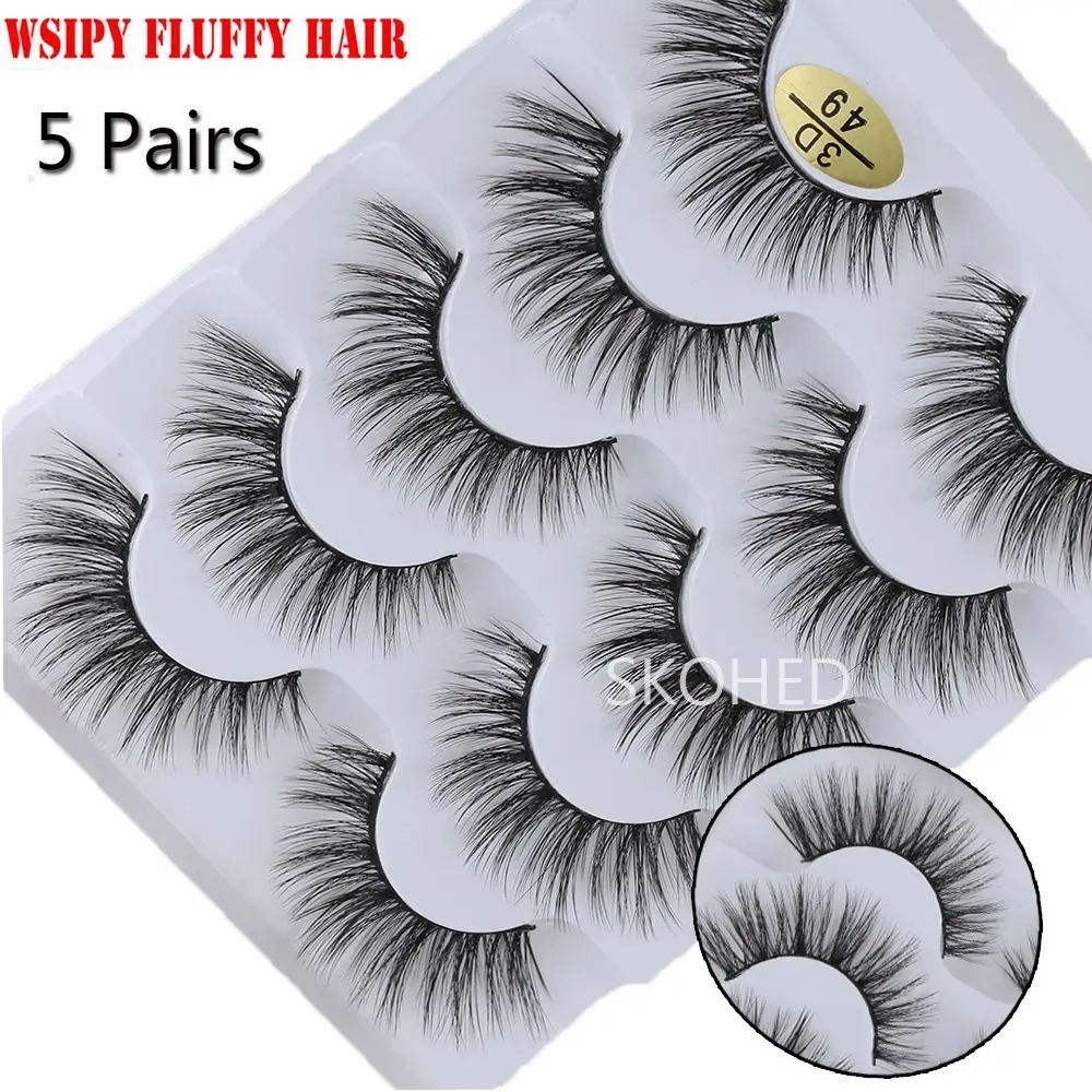 SKONHED 5 Pairs 3D Faux Mink Hair False Eyelashes Wispies Fluffies Drama Eyelashes Natural Long Handmade Cruelty-free