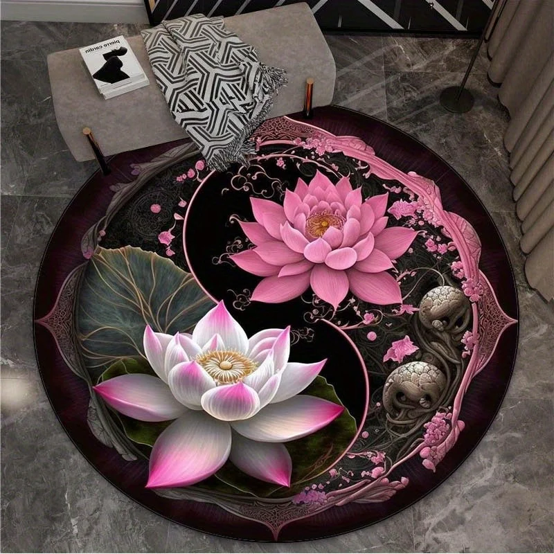 Magic Pink Lotus Yin and Yang Round Area Rugs Abstract Sun and Flowers Round Carpets Living Room Bedroom Chair Mats Home Decor