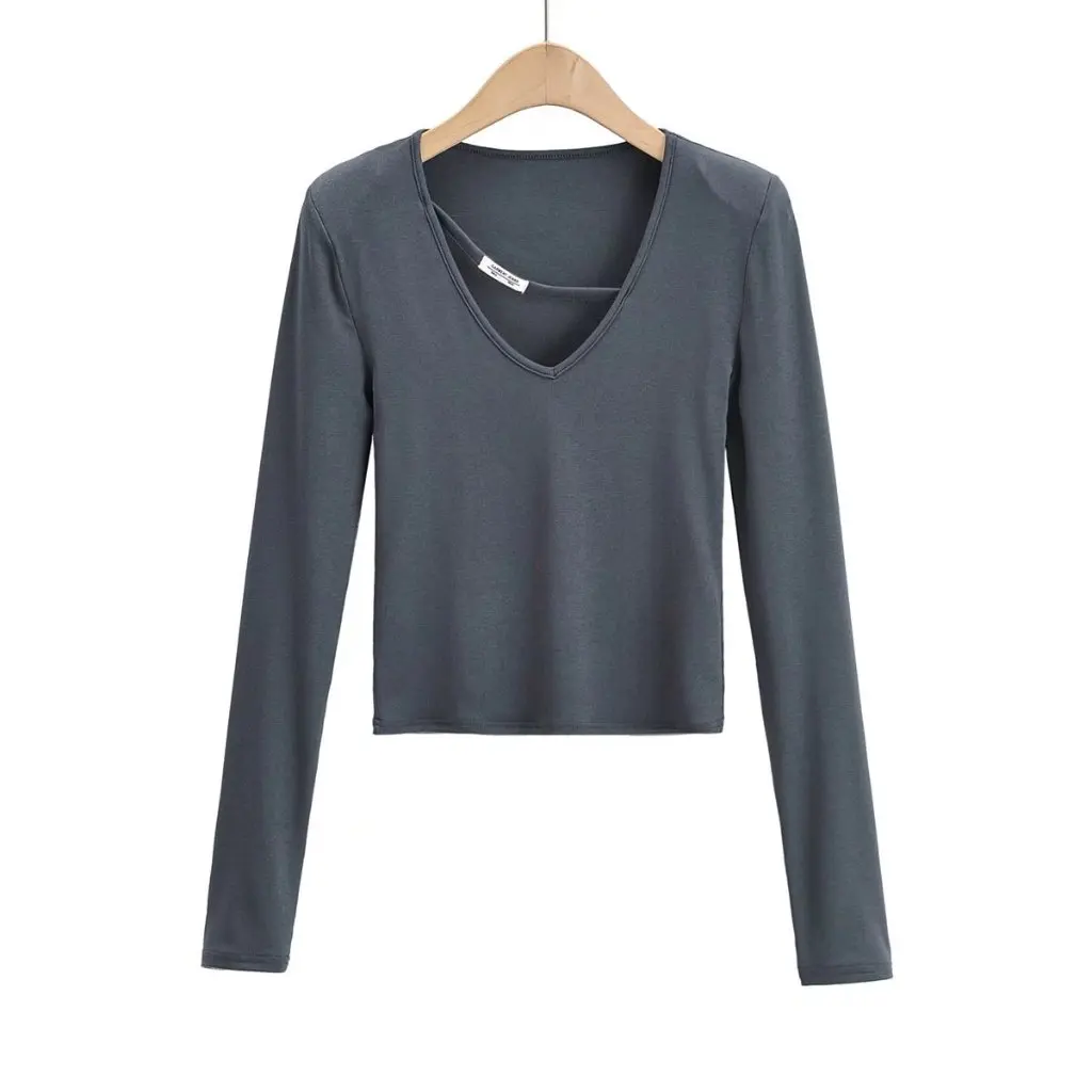 

Women's Casual Solid Color V-neck T-shirt with Shoulder Pad Long Sleeve Fashion Top for Spring Wholesale