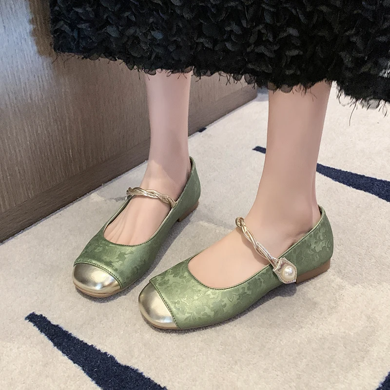 Aphixta Elegant Flower Upper Diamonds Pearl Flats Shoes Shallow HooK Loop Loafers Woman Green Cool Shoes Soft Sole Ladies Shoes