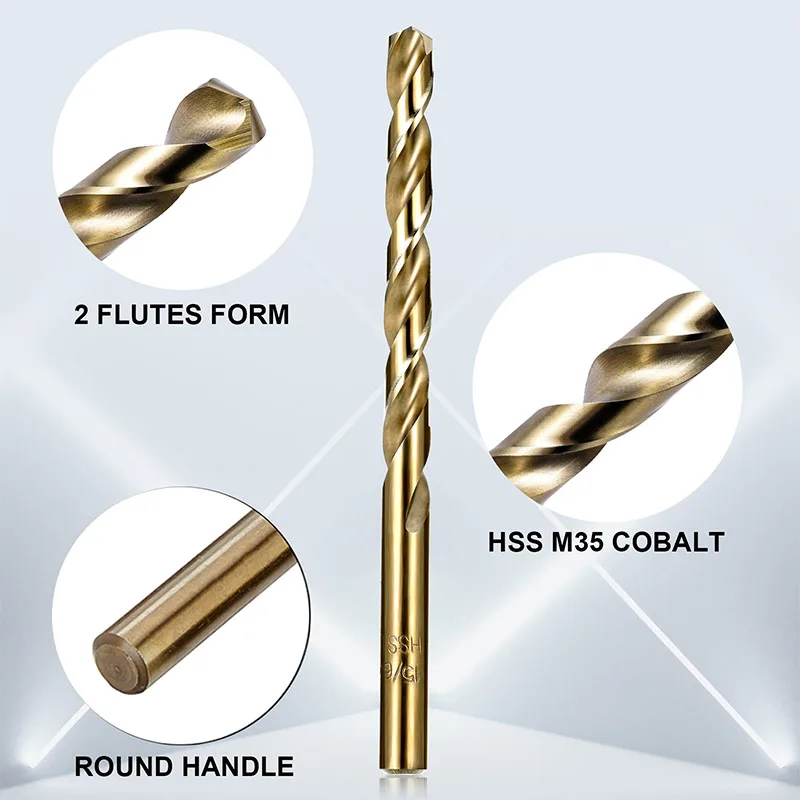 Cobalt Drill Bits Set M35 High Speed Steel Twist Jobber Length for Hardened Metal, Stainless Steel, Cast Iron and Wood Plastic