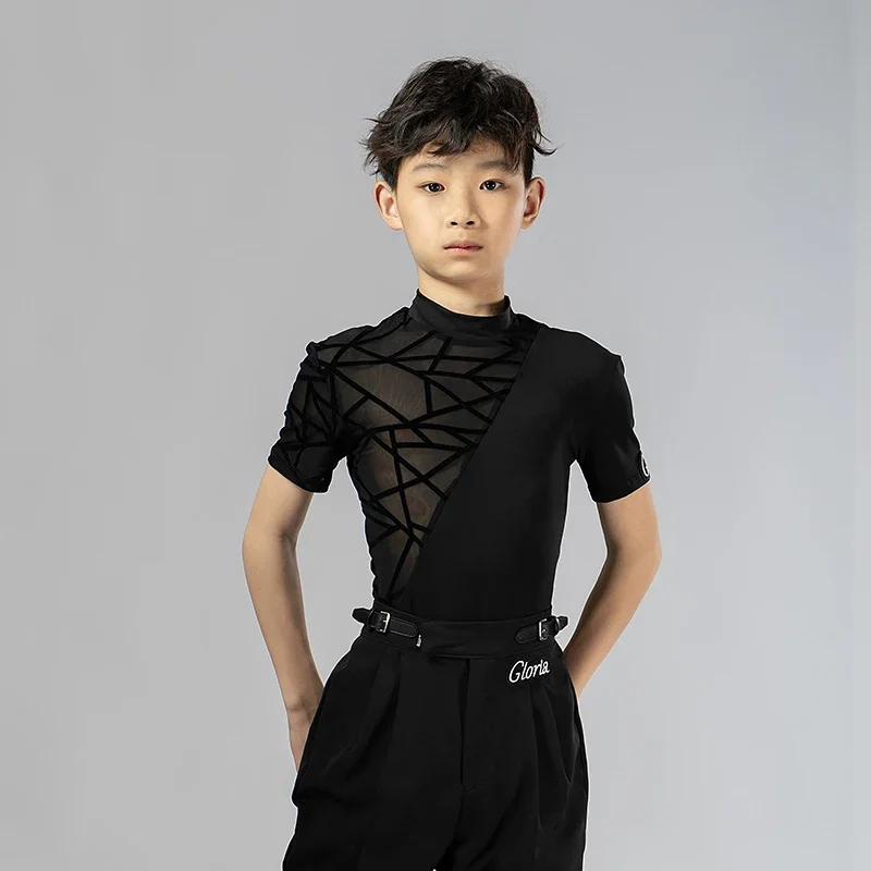 Boys Salsa Clothing Stage Costume Ballroom Practice Wear Modern Dancing Outfit Tango Dancewear Mesh Latin Dance Tops