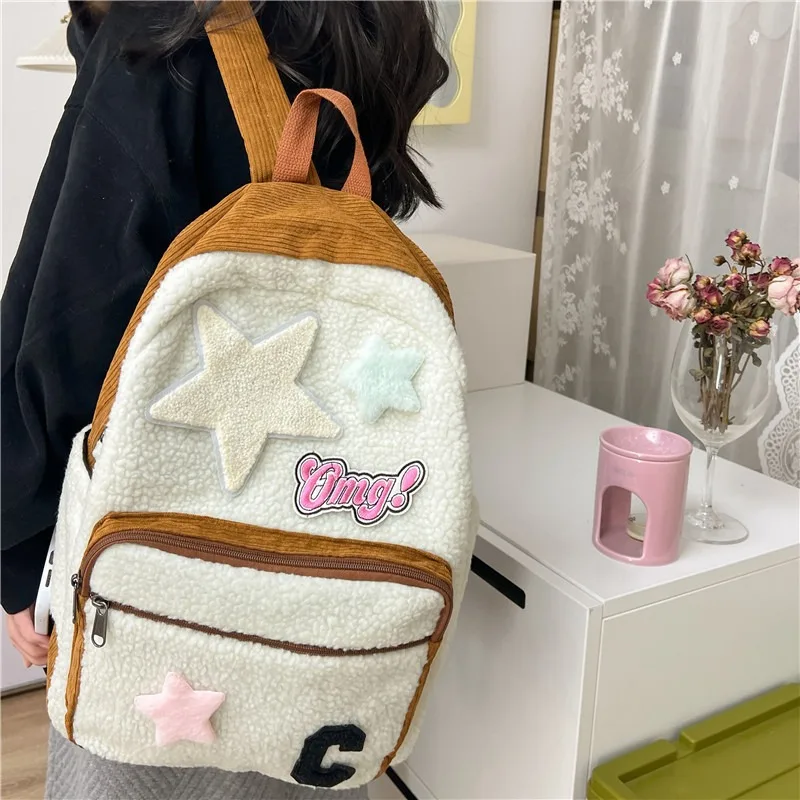 New Winter Lamb Wool Backpack Korean Version of Girls Cute Plush Backpack Winter Japanese Girls Plush Schoolbag
