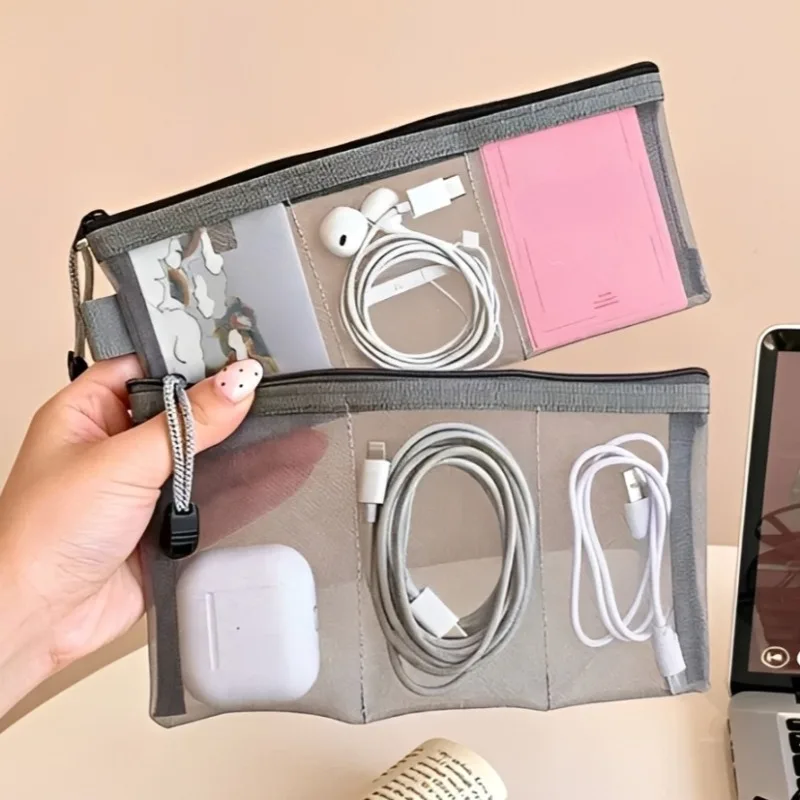 Travel Portable Partition Mesh Storage Bag Data Cable Carry-on Purse Multi-functional 3Grids Jewelry Accessory Comestic Card Bag