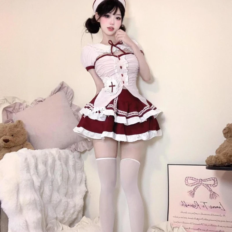 Sweet Cute Maid Lolita Dress Cosplay Costume Uniform White Top Red Skirt JK Full Set for Women Role Play Outfit Theme Party