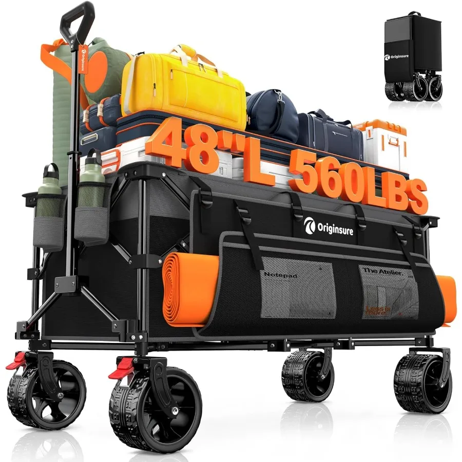 

48" L Collapsible Wagon Cart Foldable 560lbs Weight Capacity 300L Heavy Duty Folding Beach Wagons with Big All-Terrain Wheels U