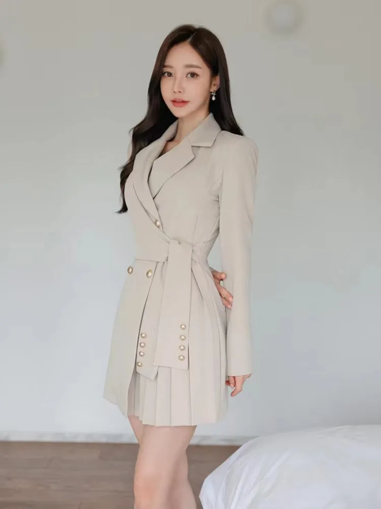 Koreanische Mode Blazer Kleider für Frauen gekerbt plissiert A-Linie Patchwork Mini kleid Büro Dame Herbst neue weibliche Kleidung