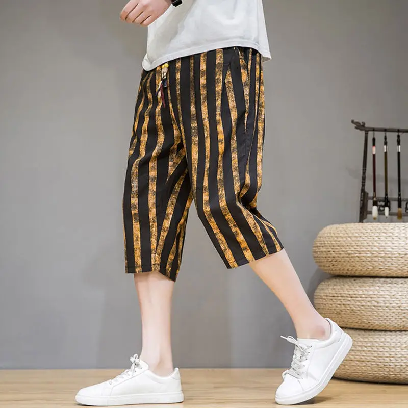 Summer Fashion Sports Casual Calf-Length Pants Men\'s Elastic Waist Drawstring Pocket Versatile Striped Cotton Hemp Beach Shorts