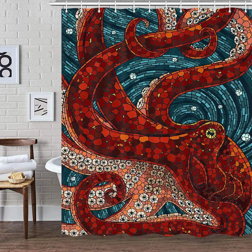 Octopus Shower Curtain for Bathroom Cool Ocean Nautical Red Kraken Fabric Shower Curtains Set Trippy Funny Restroom Decor