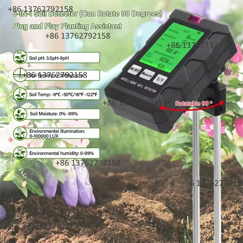 New 6-in-1 Soil Tester Meter Detects pH Temperature Humidity Sunlight Fertility Moisture Garden Plant Soil Testing Gardening