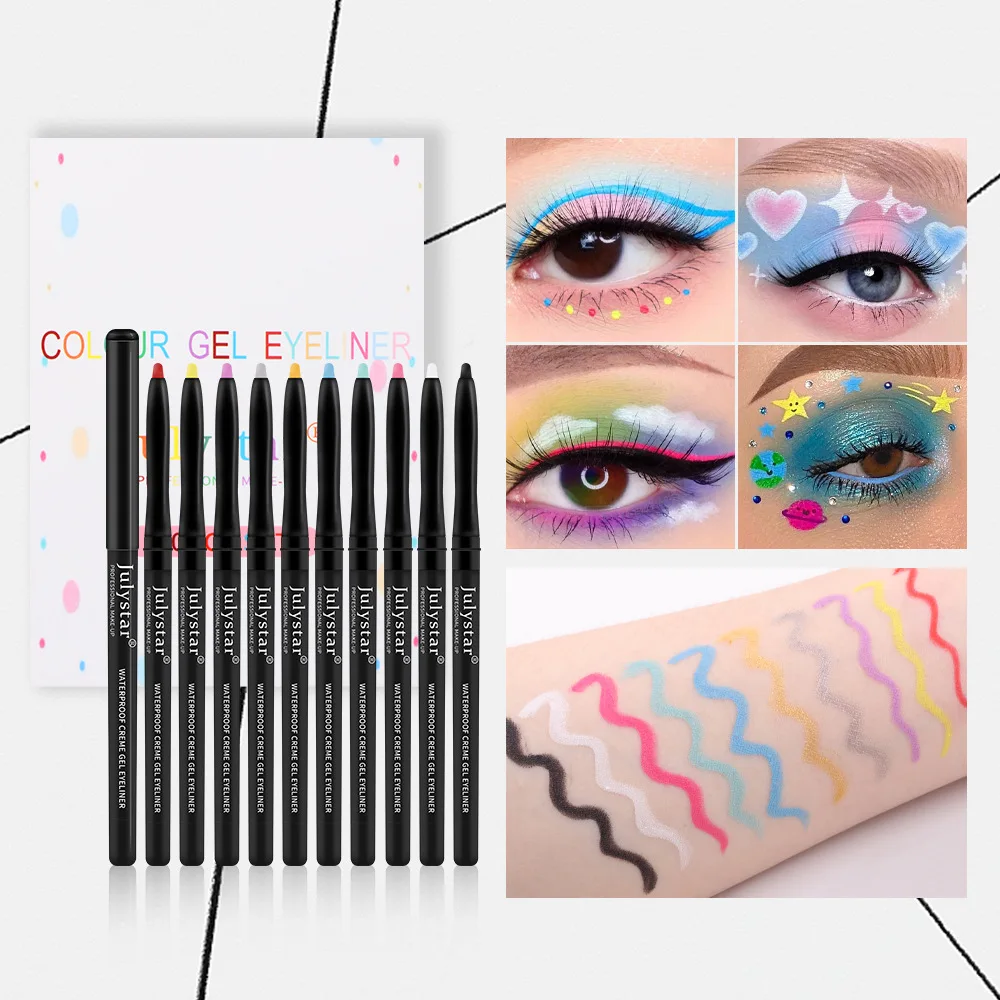 Julystar-delineador de ojos de colores, lápiz de sombra de ojos resistente al agua, maquillaje femenino para colorear persistente, 10 colores, portátil