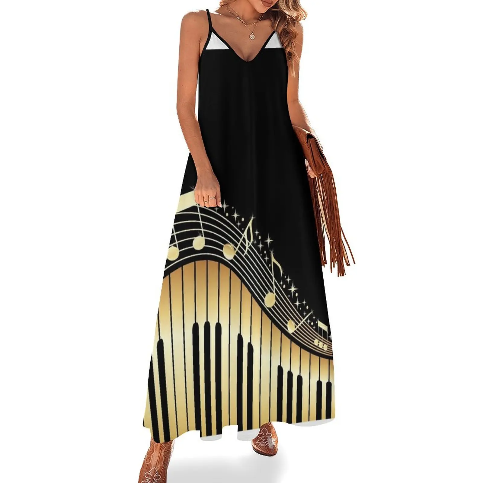 

Gold Piano Keyboard Sleeveless Long Dress Women dresses summer dress summer 2025 women Dress