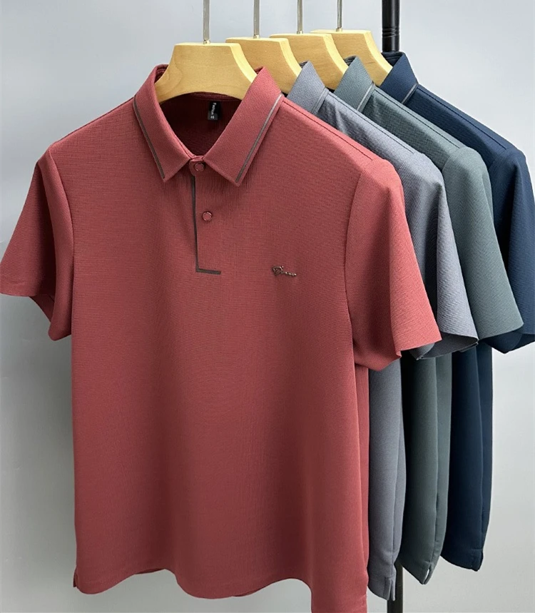 Light luxury high-end ice silk seamless short sleeved T-shirt for men\'s 2024summer fashion lapel casual embroidered polo shirt