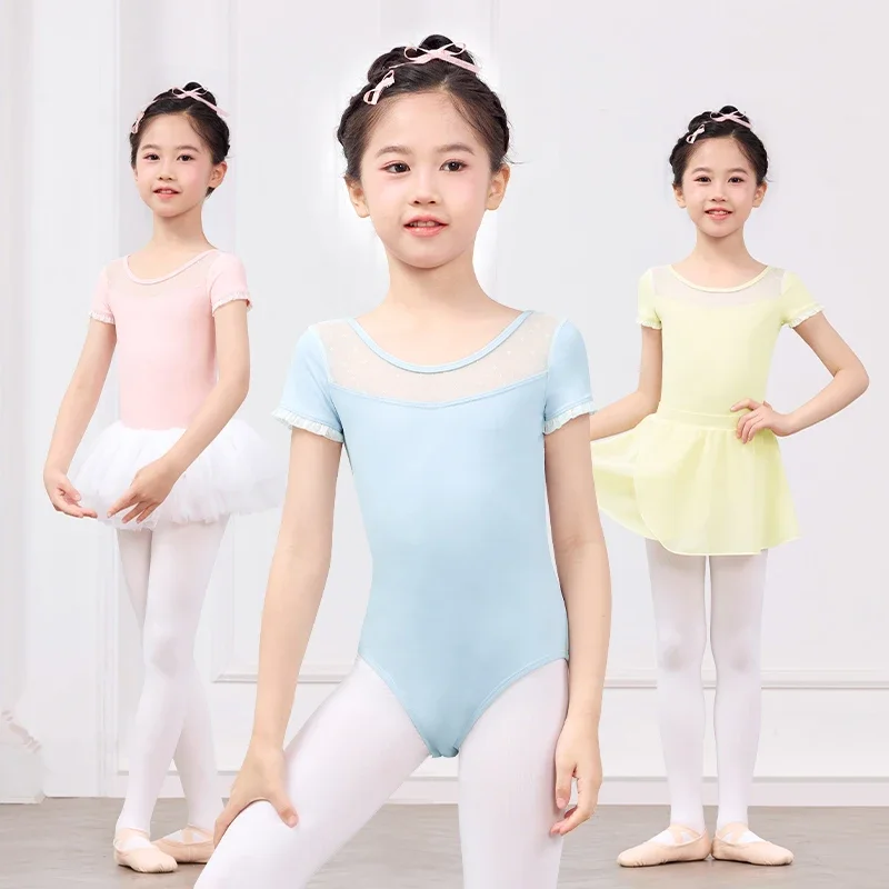 

Детские балетные трико для девочек, сетчатое боди для балета и танцев, нейлоновые гимнастические трико с короткими рукавами, танцевальные костюмы для подростков