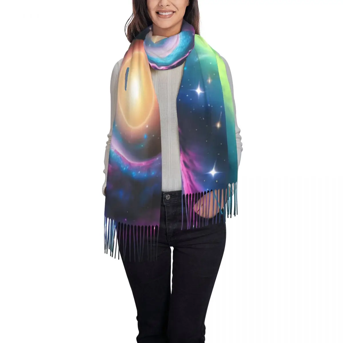 Galaxy Ocean Scarf Unisex Colorful Print Head Scarves with Long Tassel Autumn Luxury 2024 Shawls and Wrap Warm Bufanda Mujer