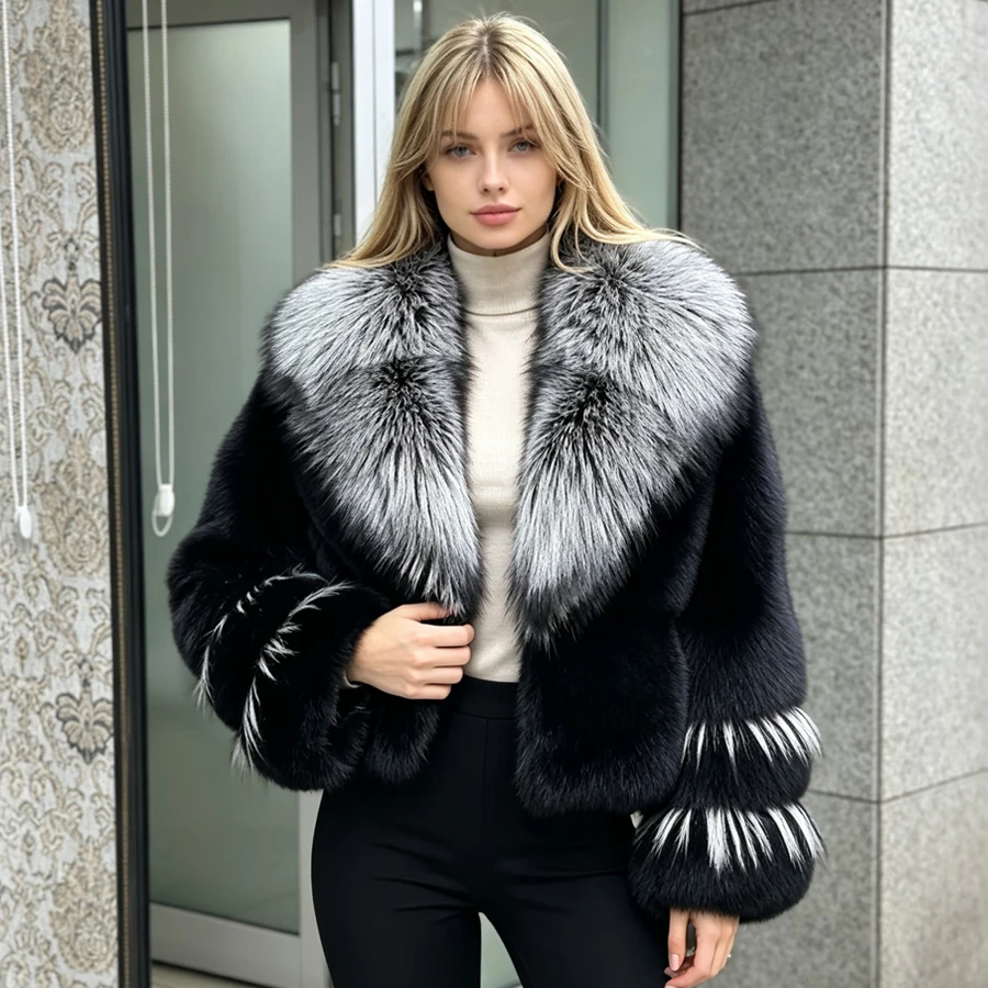 Schwarzer Fuchspelzmantel mit Waschbärpelzkragen, Kurze Fuchspelzjacke, Echter Silberfuchs-Pelzmantel, Bestseller Damen-Winterjacke