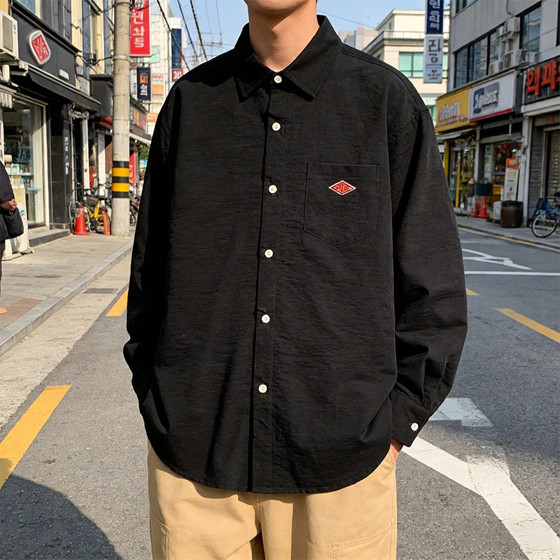 2026 Hot sales Korean Style Men's Pocket Embroidery Button Long Sleeve Shirt Casual Spring Summer Fashion high quality Tops