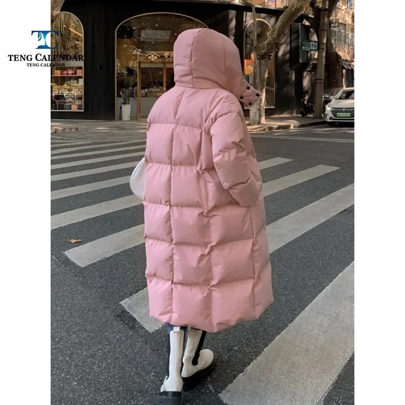 Down Cotton Jacket, Korean Style, Long Knee Length, Loose and Thick Hooded Cotton Jacket, Winter New Style, 2024