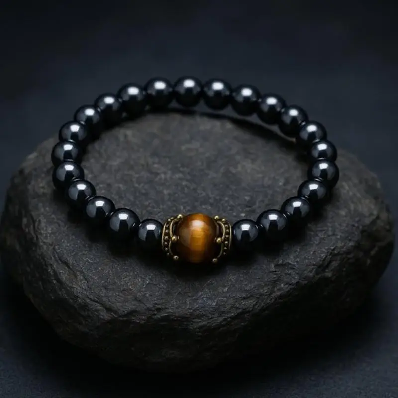 Men's Stylish Natural Stone Bracelet Vintage Crown Symbol Of Power Hematite Beads Gift For Friends Natural Tiger Eye Beads